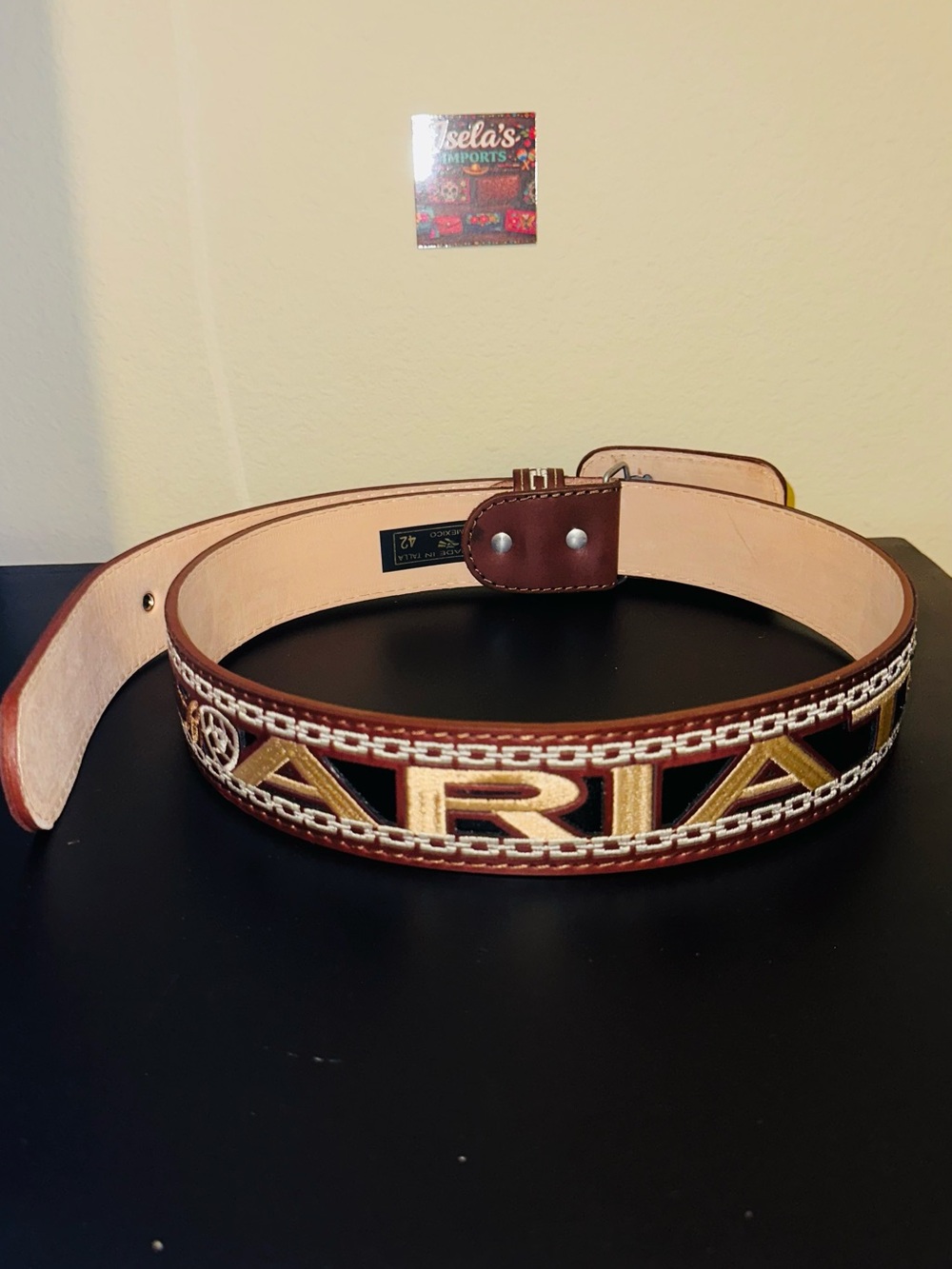 Natural Leather Belt Strap with Embossed Logo - Cream Black